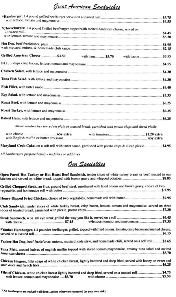 Yankee Coffee Shop's menu, page 3.