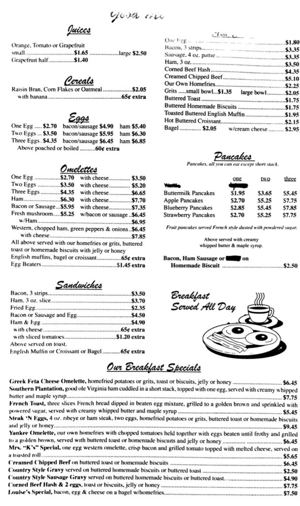 Yankee Coffee Shop's menu, page 4.